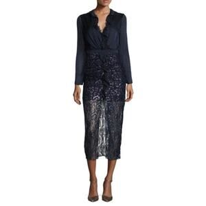 Saloni Yana Metallic Ruffle Trim Lace Combo Midi Dress Womens 4 Navy Cocktail